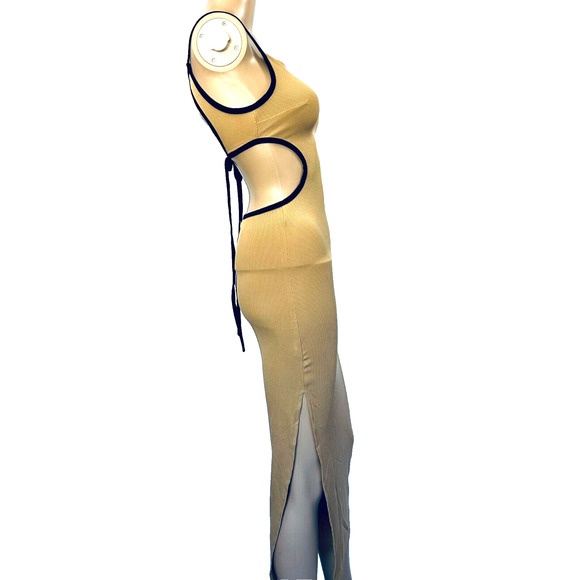 Micas Long Dress Women XS Tan Bodycon Knitted Side Slit Backless Tie Up - Picture 7 of 13